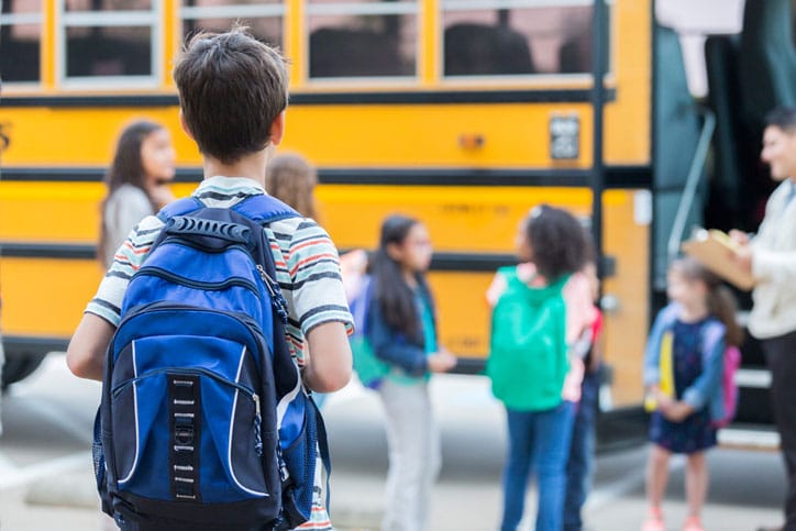 Child With Backpack Looking At School Bus